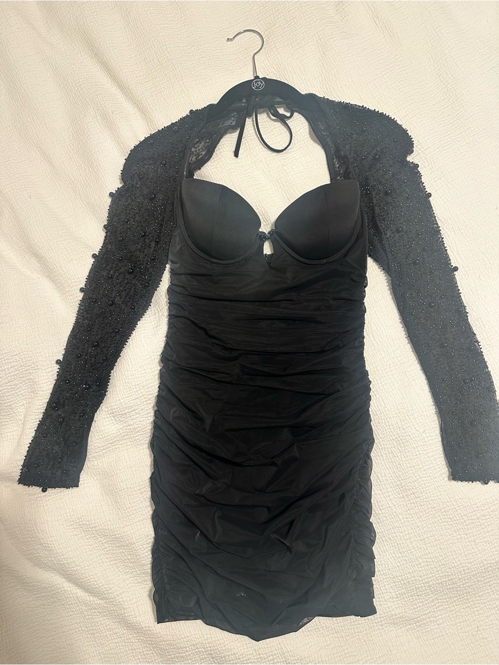 Oh Polly Black Ruched Halter Bodycon Dress with Beaded Shrug
